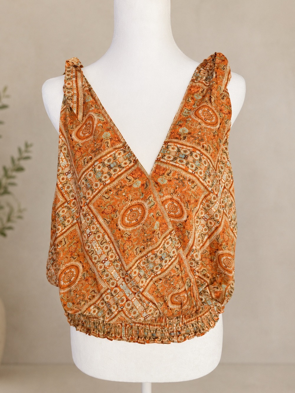 Rose + Olive Boho Paisley Sleeveless Surplice Top Orange Tan